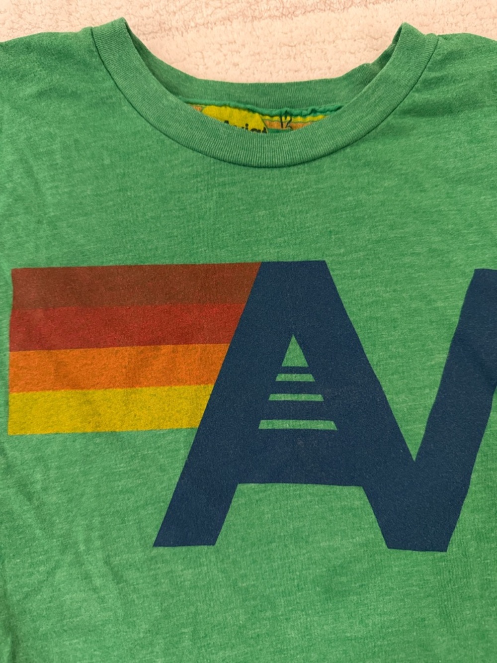 Aviator Nation Kids Green Tee with Navy Logo & Rainbow Stripe